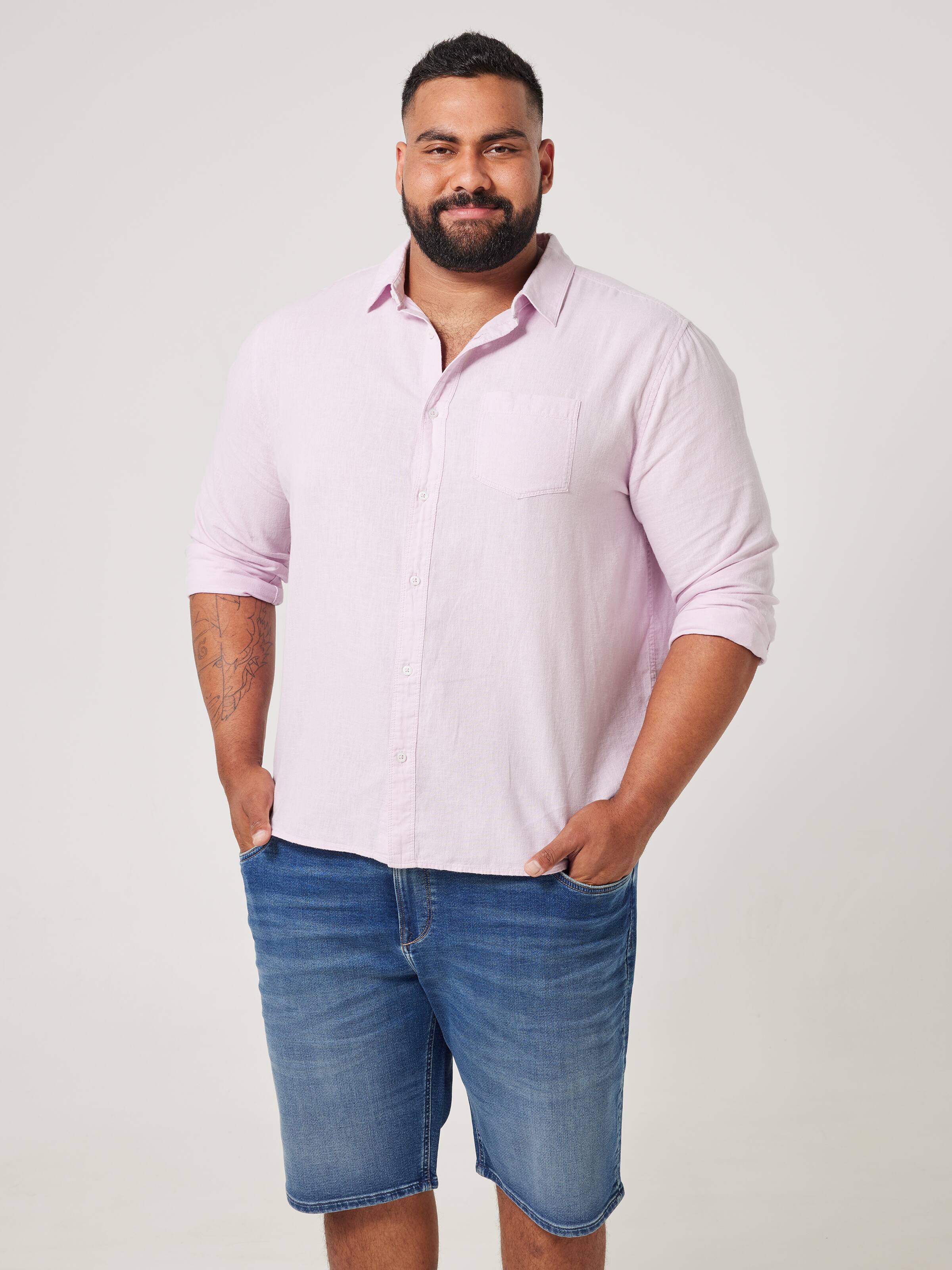 Extended Long Sleeve Linen Blend Plain Shirt