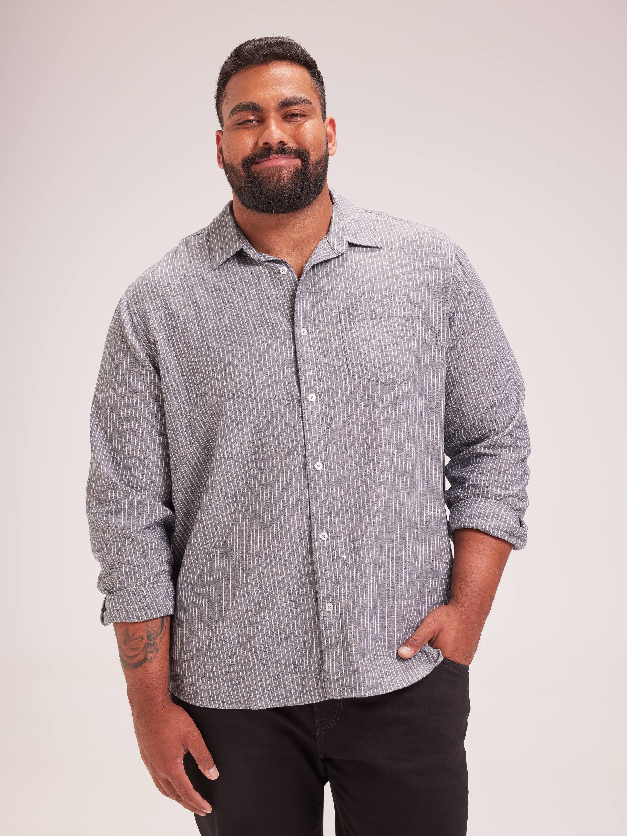 Extended Long Sleeve Linen Blend Stripe Shirt