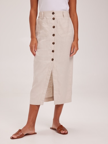 Linen Patch Pocket Midi Skirt                                                                                                   