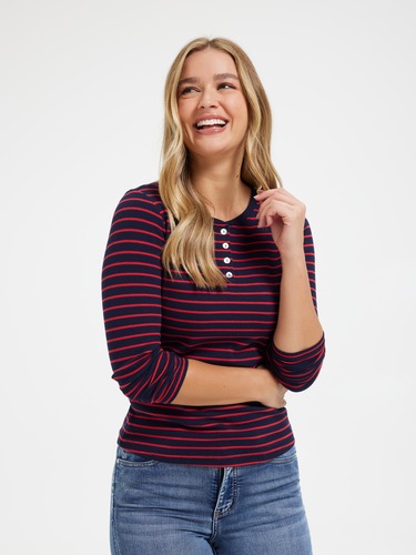 Evie Long Sleeve Henley Waffle Top                                                                                              