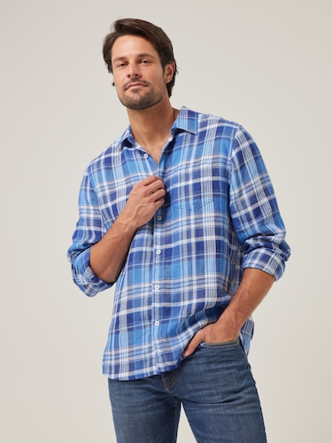 Long Sleeve Pure Linen Check Shirt                                                                                              