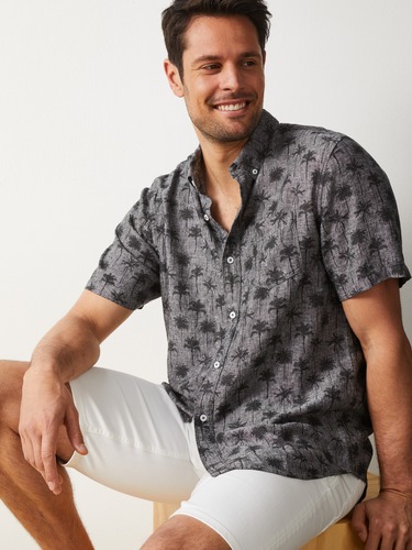 Short Sleeve Linen Palm Print Shirt                                                                                             