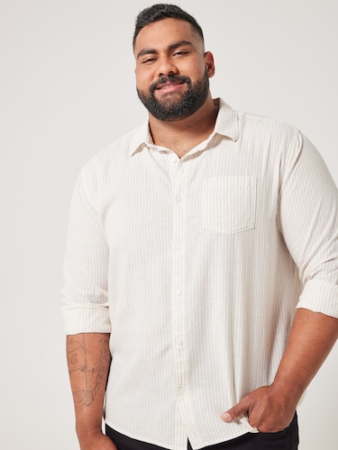 Extended Long Sleeve Linen Blend Stripe Shirt                                                                                   