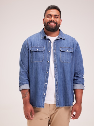 Extended Long Sleeve Denim Utility Shirt                                                                                        