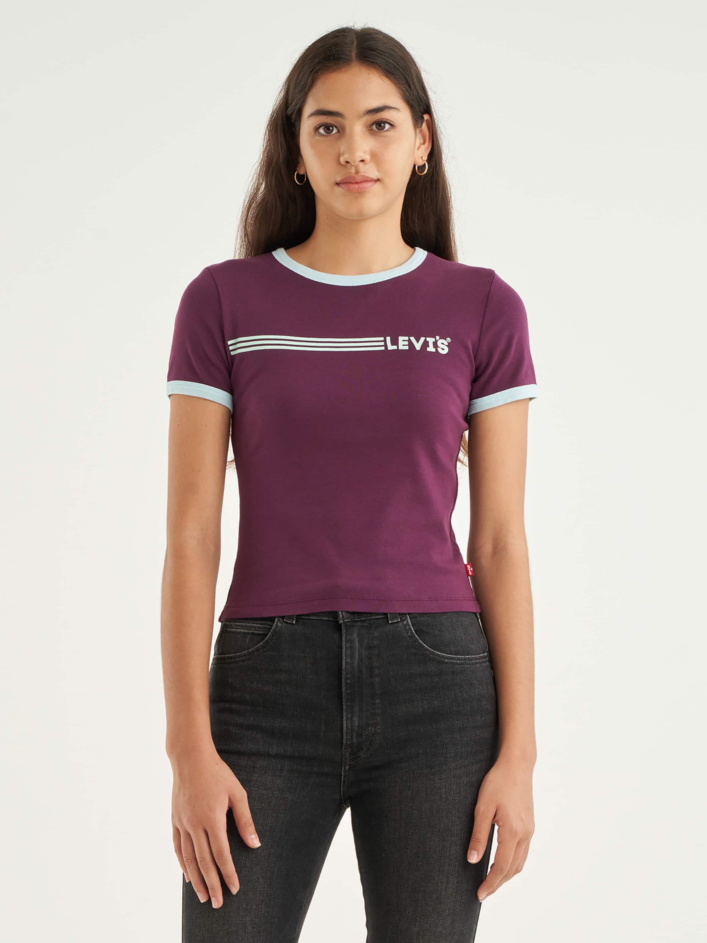 Graphic Ringer Tee In Purple And Blue Stripe - Just Jeans Online