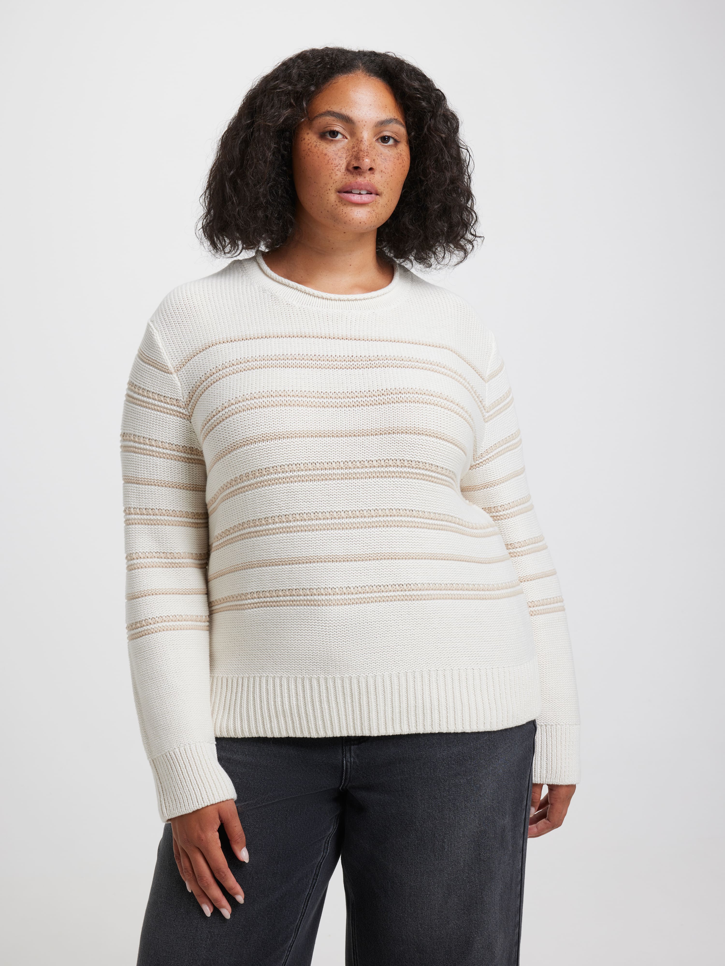 Curve Darla Roll Neck Pullover Neutral Stripe - Just Jeans Online