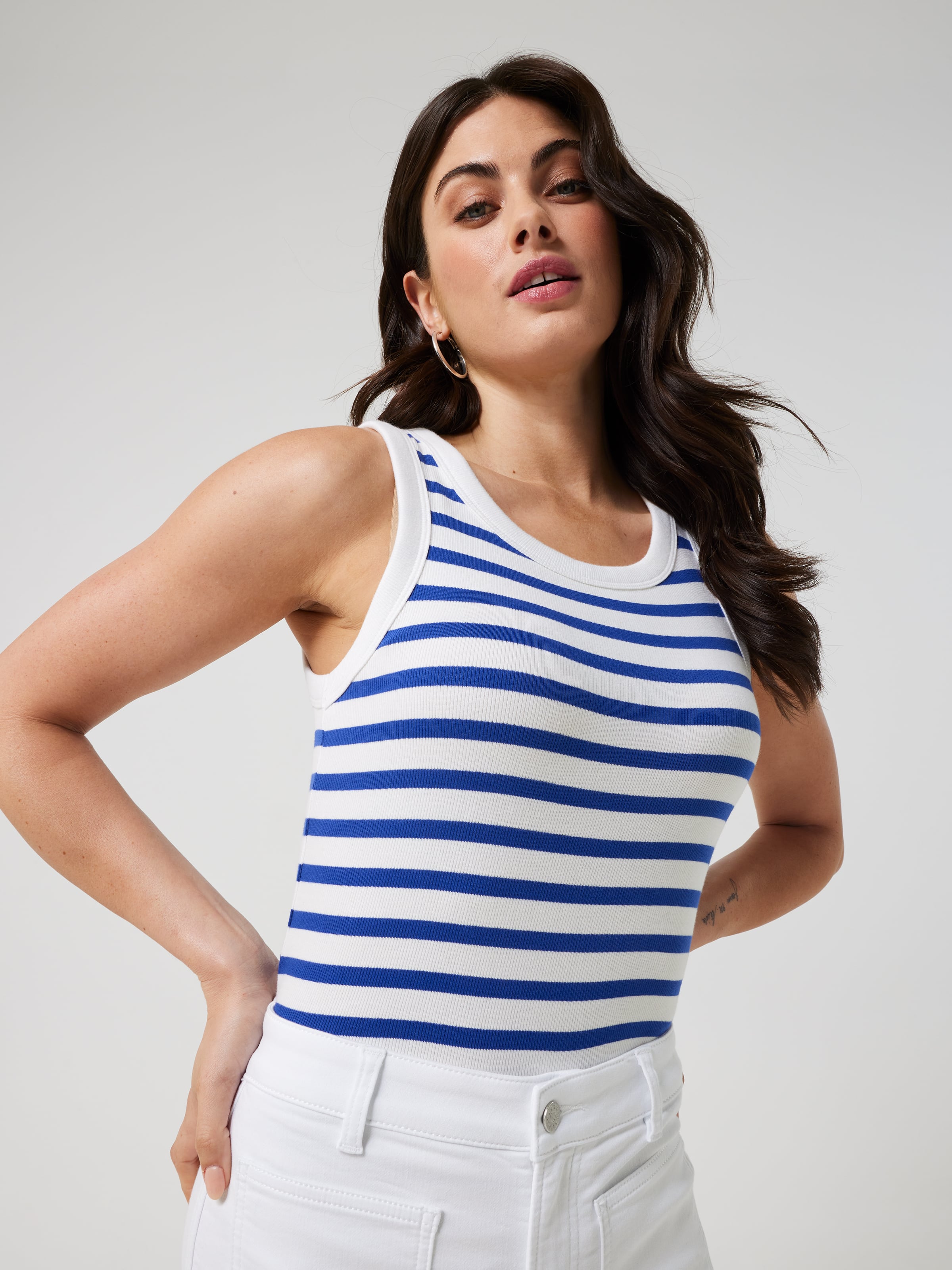 Kayla High Neck Rib Tank Ivory Blue Stripe Just Jeans Online