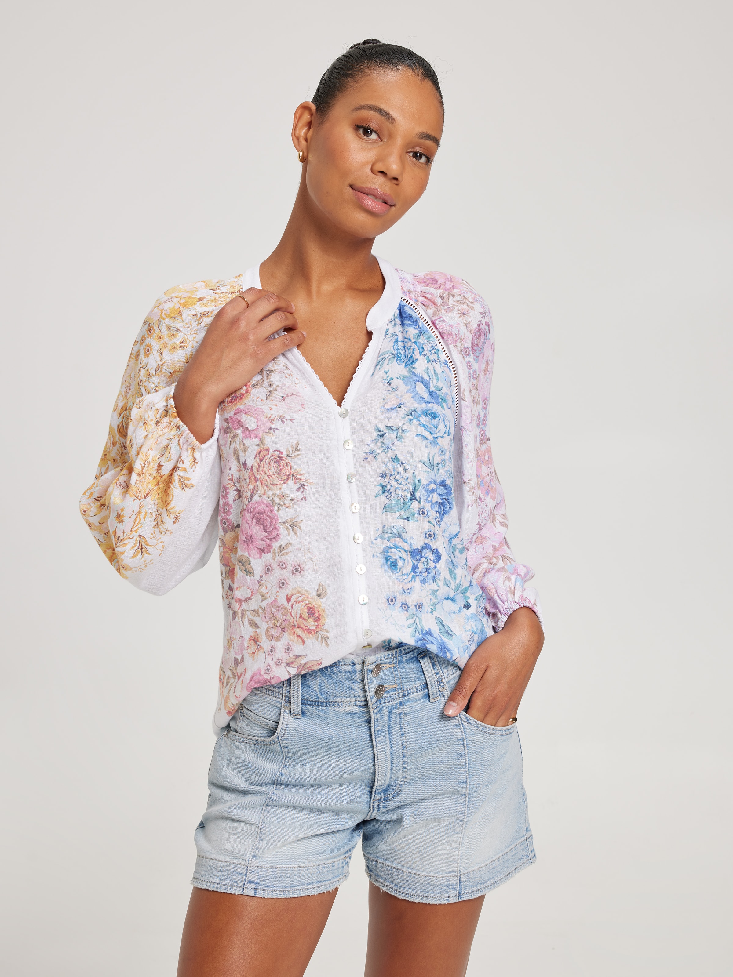 Monique Spliced Print Button Through Blouse Spliced Cottage Floral - Just Jeans Online