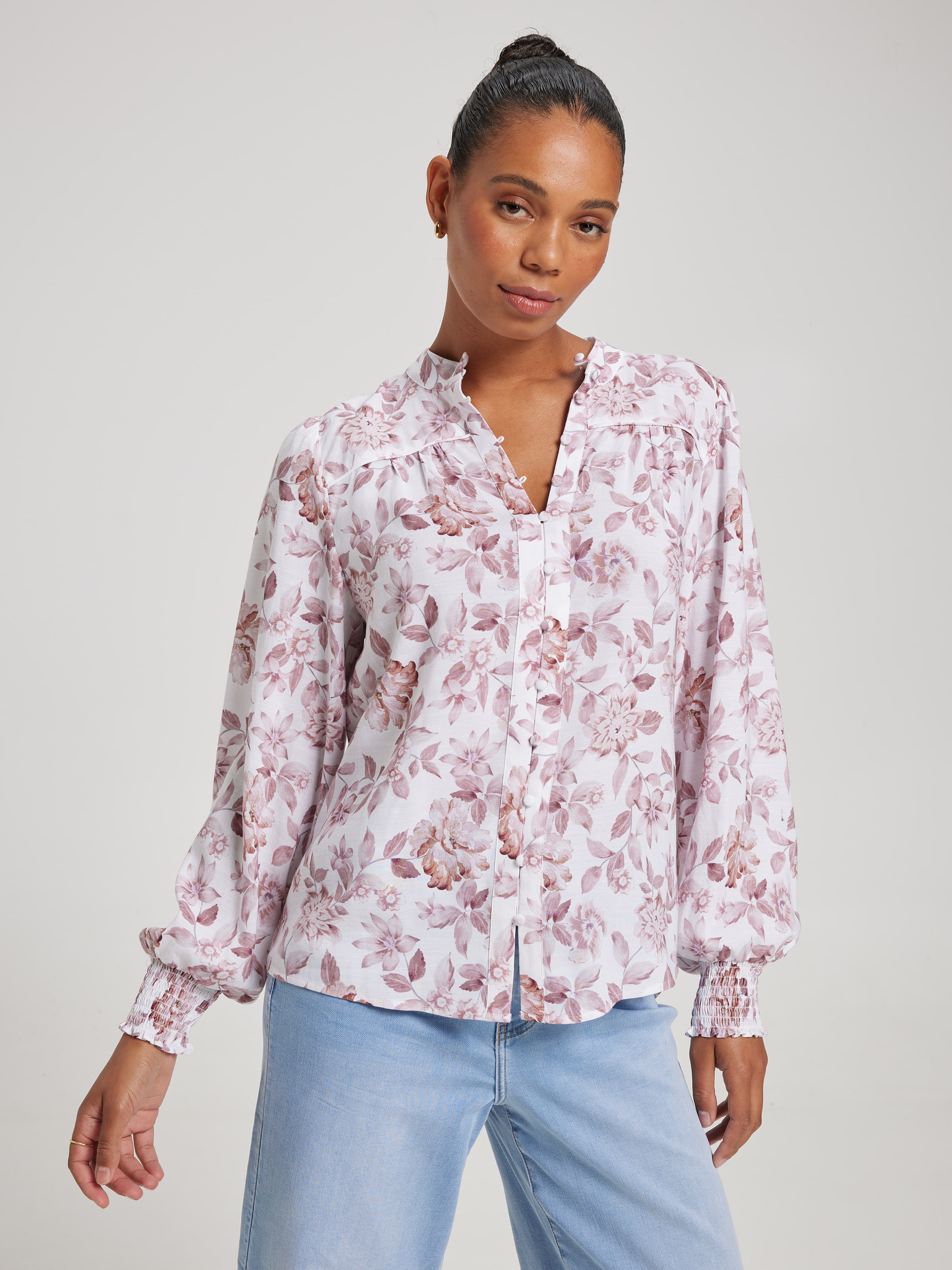 Imogen Button Through Blouse Brown Floral - Just Jeans Online