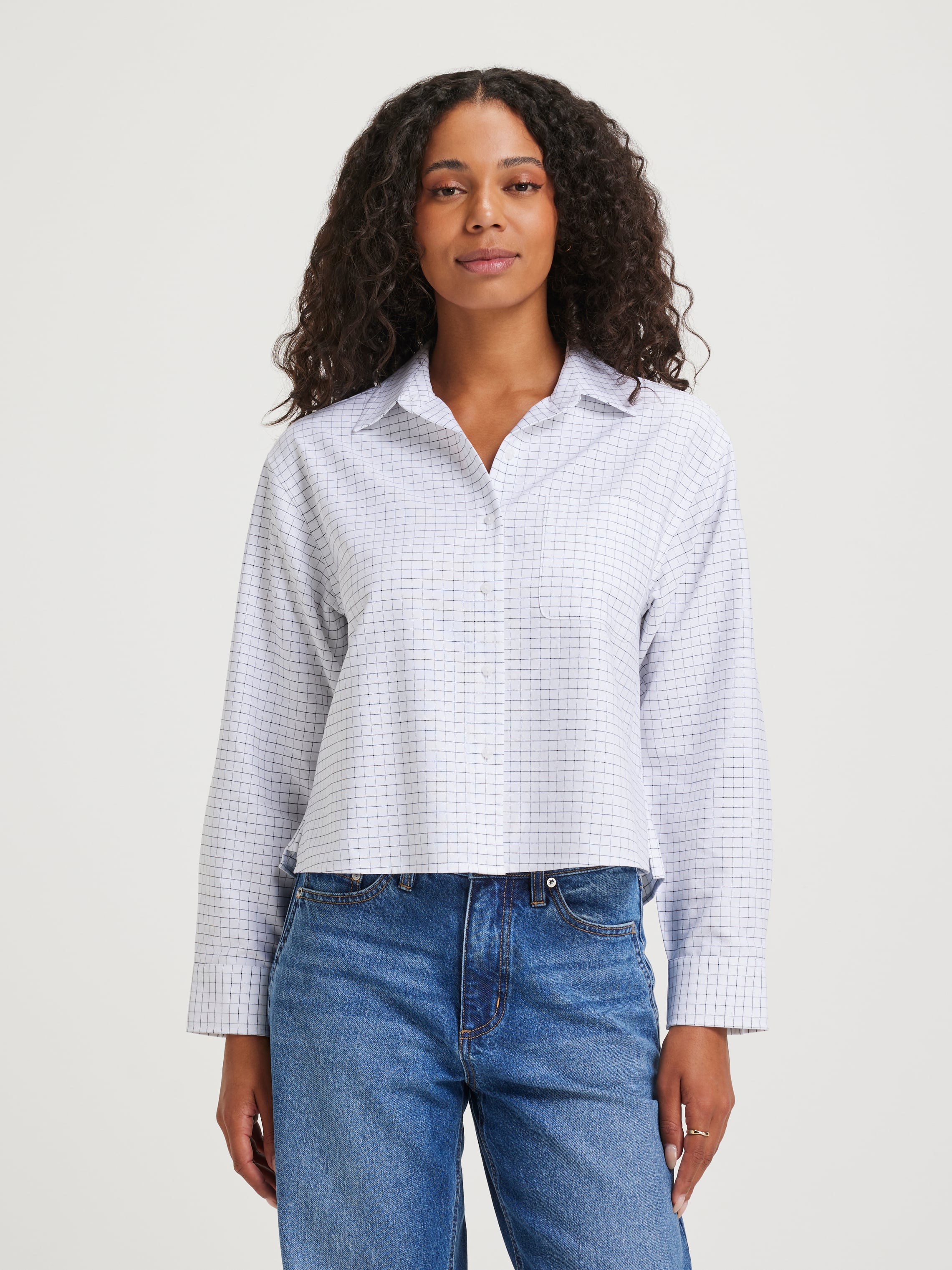 Brandi Cropped Oxford Shirt White Check - Just Jeans Online