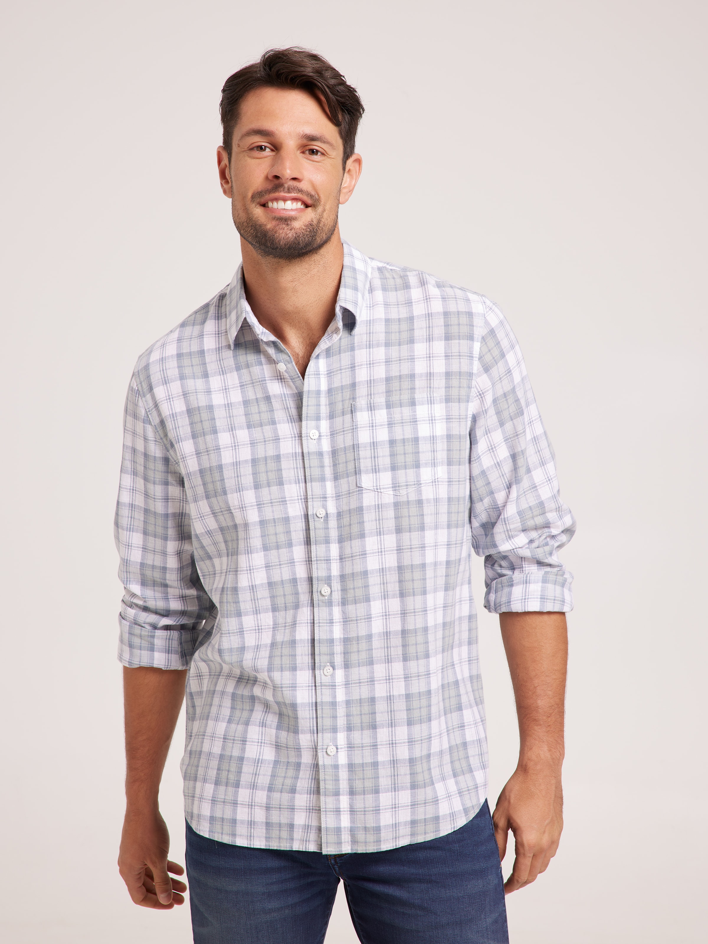 Long Sleeve Linen Blend Check Shirt - Just Jeans Online